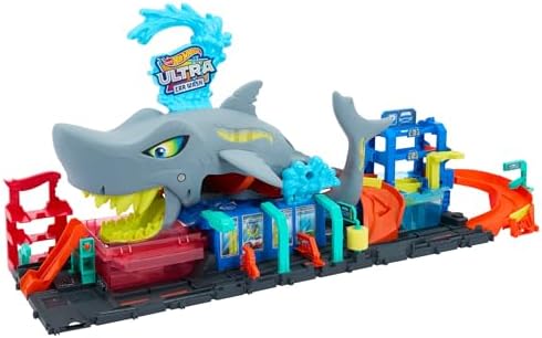Hot Wheels City Track Set, Ultra Shark Car Wash with 1:64 Scale Color Reveal Toy Vehicle, Repeat Color-Change Feature, Storage