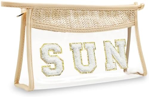 Boho Hand-woven Makeup Bag, Chenille Letter Patch Clear Travel Pouch, Rattan Straw Bag Clear Cosmetic Sunscreen Bags, Women Summer Retro Travel Beach Bag Beach Essentials (Boho_Beige-Sun)