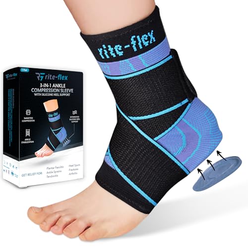 3-in-1 Ankle Compression Sleeve with Silicone Heel Pad - Ankle Brace for Sprains, Foot Fatigue, Post Surgery, Plantar Fasciitis Relief & Support (2, Small)