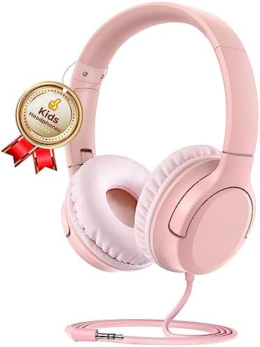 DyBaxa Kids Headphones, Wired Foldable On-Ear Headphones for Kids, Volume Limiter 94dB, Kid Headphones for School Classes Travel, 3.5mm Jack Kids Headset Compatible Smartphones Tablet, Pink