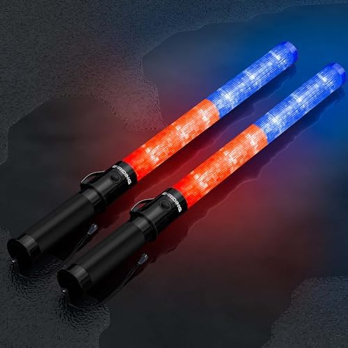 2 Pcs 21inch Red and Blue Light Baton, Signal Traffic Safety Wand Led Light with 3 Flashing Modes for Traffic Control Parking Guide