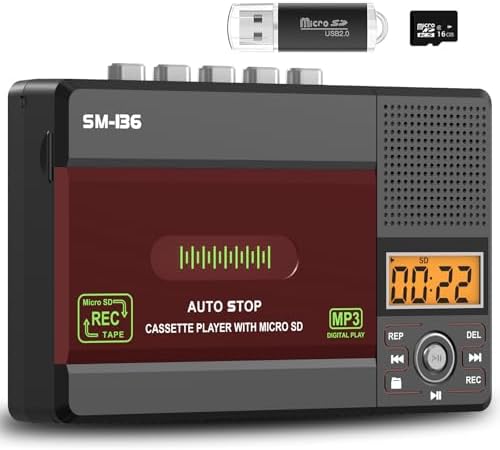 Small Cassette Tape Player, USB C or SD Card Audio Cassette to Digital Converter Recorder, Record to Cassette/Computer/SD Card via Mic, LCD Display, Loud Speaker, Headphone Jack,16GB SD Card