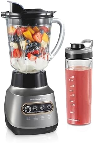 Hamilton Beach Wave Action Blender for Smoothies, Stainless Steel Ice Sabre Blades, 40oz Glass Jar, 20oz Blend-In Portable Travel Jar, 800 Watts, Quiet Design, Gray (58181)