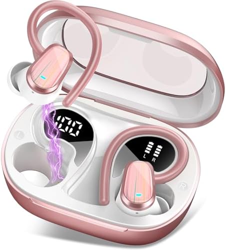 OYIB Wireless Earbuds Bluetooth 5.4 Headphones Sport, 50H Bluetooth Earbuds with Earhooks, Over Ear Bud Deep Bass with ENC Mic, IP7 Waterproof Wireless Earphone for Workout/Running, Rose Gold