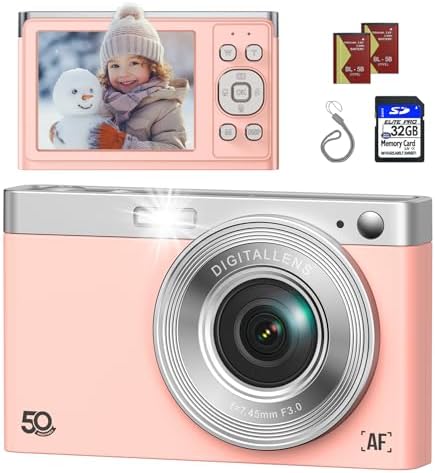 Digital Camera for Vlogging, FHD 1080P 50MP Point and Shoot Digital Cameras with 32GB SD Card, 16X Zoom, Compact Small Camera for Boys Girls Kids - Pink