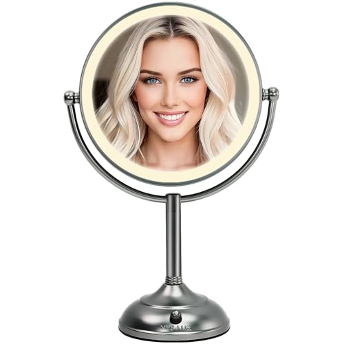 VESAUR 8.5" Unique Black Nickel Lighted Makeup Mirror, 1X/10X HD Undistorted Magnifying Mirror with 3 Color Light, 90 Eye-Care LED Lights Dimmable, 360°Swivel Seamless Glass Vanity Mirror, Gift Box