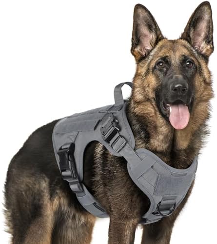 rabbitgoo Tactical Dog Harness for Large Dogs, Heavy Duty Dog Harness with Handle, No-Pull Service Dog Vest Large Breed, Adjustable Military Dog Vest Harness for Training Hunting Walking, Grey, L