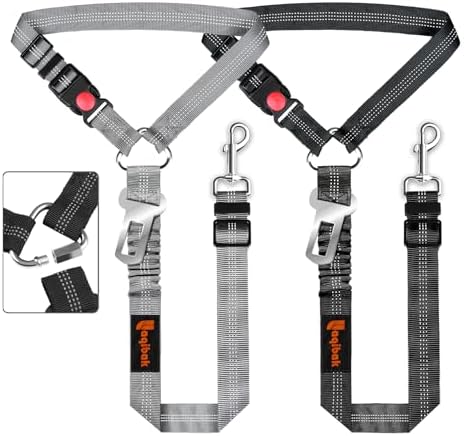 Removable Dog Seat Belt Harness for Car, 3 in 1 Pet Dog Car Seatbelt Leash, Retractable Restraint Secures to Vehicle Headrest & Adjustable Reflective Bungee Dog Seatbelt Tether, Grey