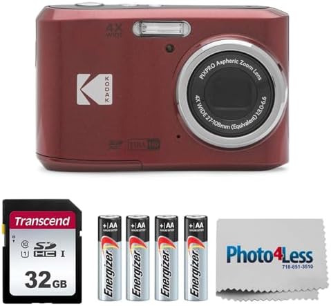 KODAK PIXPRO FZ45 16MP Digital Camera with 4X Optical Zoom 27mm Wide Angle and 2.7" LCD Screen Bundle with 32GB SD Memory Card, AA Batteries (4 Pack), Lens Cleaning Cloth (Red)