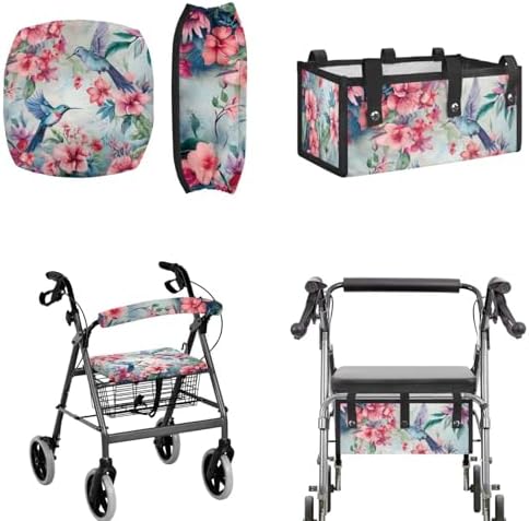 LedBack Mobility Scooter Accessories for 3 Pcs, Hummingbird Pink Flowers Rollator Walker Seat and Backrest Covers Under Seat Rollator Walker Bag for Seniors