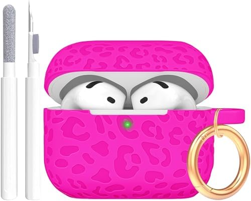 Engraved Leopard Case Compatible with AirPods 4th Generation Cover with Keychain, Skin Soft Cover for Compatible with AirPods 4 Case Full Protection,Front LED Visible, Hot Pink