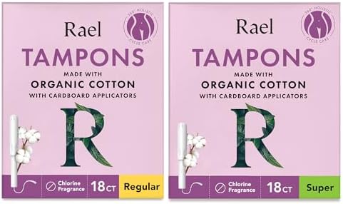 Rael Tampons, Cardboard Applicator with Organic Cotton, Multipack, Regular and Super Absorbency, Unscented, Upgraded Easy Grip, Biodegradable, Chlorine-Free (36 Count, Bundle)