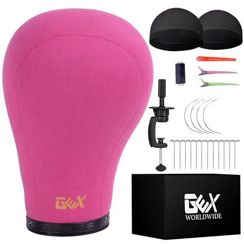 gexworldwide GEX 20"-24" Canvas Cork Wig Block Mannequin Head for Wig Making Drying Styling Display with Table C Clamp Stand Holder (Rosy 22")