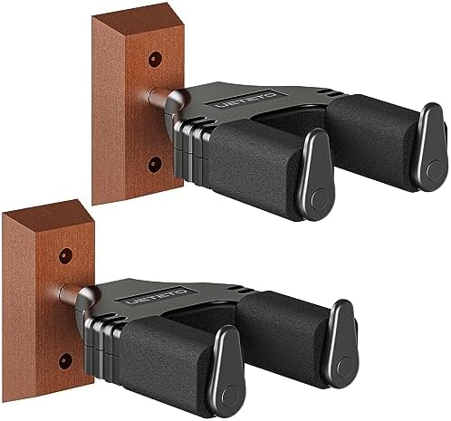 Guitar Wall Mount Hanger, Hard Wood Base Guitar Hook Auto Locking for Acoustic, Classical, Electric, Bass Guitars, Ukuleles， 2 Pack.