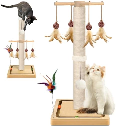 Cat Scratching Post, Sisal, Scratcher Tree Tower for Indoor Cats Adults with Hanging and Ball Track, 2 Mounting Methods Interactive Furniture Toys for Kitten, 25 inches