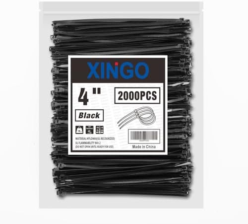 XINGO Black Zip Ties 4 Inch 2000 Pack,Small Zip Ties with 18lbs Tensile Strength, Self-Locking Nylon PA66 Cable Ties for Electronics Organizer, Home Office Garage Multiple Use