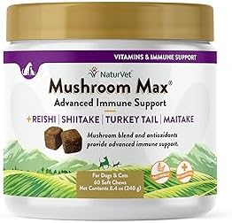 NaturVet Mushroom Max Advanced Immune Support Dog Supplement – Helps Strengthen Immunity, Overall Health for Dogs – Includes Shitake Mushrooms, Reishi, Turkey Tail – 60 Ct.