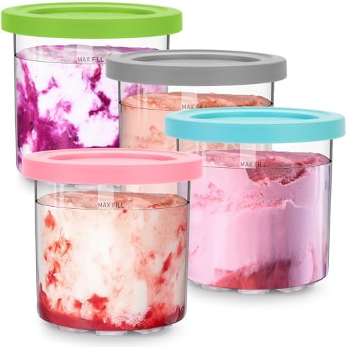 Ice Cream Containers for Ninja Creami Pints and Lids 16oz Pint Containers 4Pack Extra Replacement Pints for Ninja Creami NC301, NC300, CN301CO, CN305A Ice Cream Maker(Gray, Green, Pink, Blue)