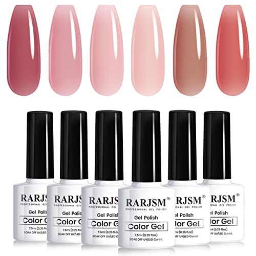 RARJSM Nude Gel Polish Set Purple Jelly Gel Nail Polish of 6 Transparent Colors 7.5ml Clear Mavue Purple Pink Sheer Rose Red Brown Autumn Winter French Manicure LED UV Gel Curing Requires Soak Off