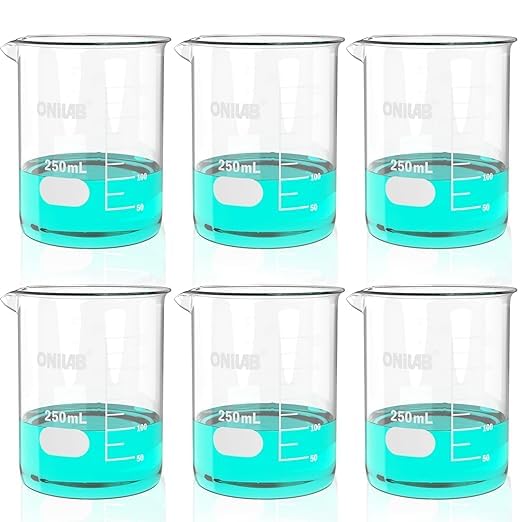 ONiLAB 8.5oz(250ml) Sturdy Glass Beaker, 3.3 Borosilicate Griffin Low Form with Printed Graduation, Pack of 6 13900250
