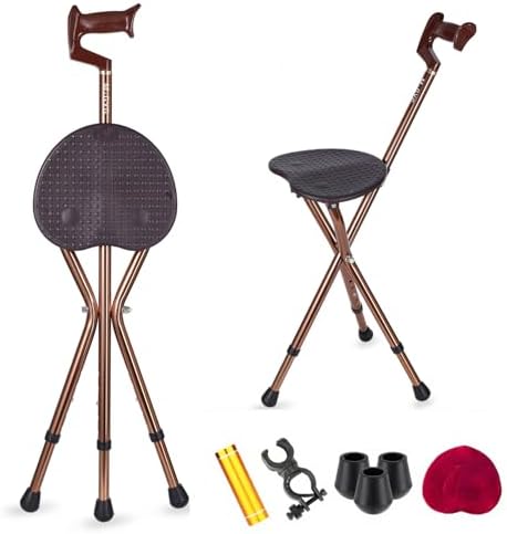 Folding Cane Seat Sturdy Lightweight Adjustable Handle Legs with LED Light Cushion for Elderly Walking Stick 300 lbs Large Plate