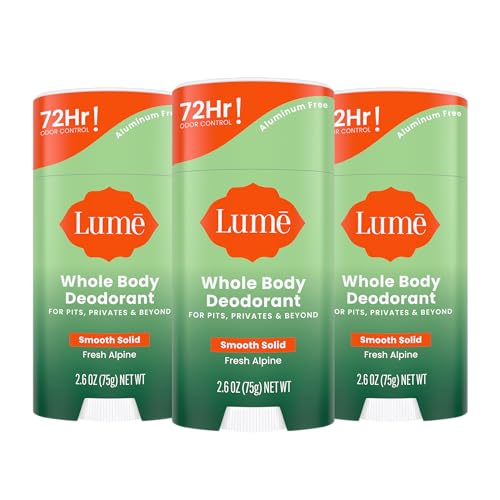 Lume Whole Body Deodorant - Smooth Solid Stick - 72 Hour Odor Control - Aluminum Free, Baking Soda Free and Skin Loving - 2.6 Ounce (Pack of 3) (Fresh Alpine)