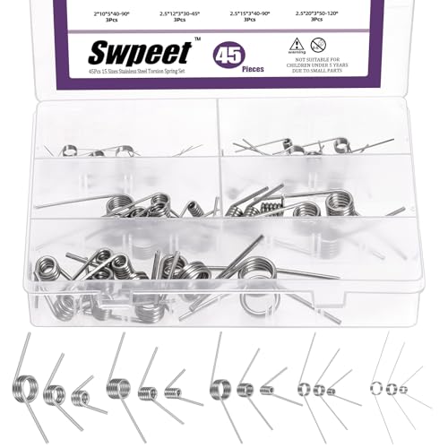 Swpeet 45Pcs 15 Sizes 45/90/120 Degree Stainless Steel Torsional Springs Assortment Kit, Mechanical Small Torsion Spring for Home Repair Woodworking DIY Project