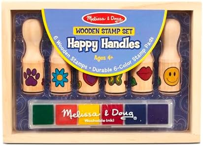 Melissa & Doug Happy Handles Wooden Stamp Set: 6 Stamps and 6-Color Stamp Pad With Washable Ink, Easy To Hold Stampers For Kids Ages 4+