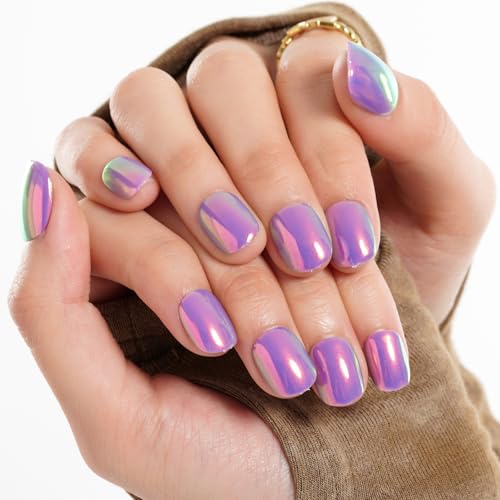 GLAMERMAID Press on Nails Extra Short Squoval, Spring Summer Handmade Vilot Purple Chrome Gel Glue on Nails, 24Pcs Glossy Round Reusable UV Finish Fake Nails Acrylic False Nails Manicure Kit for Women