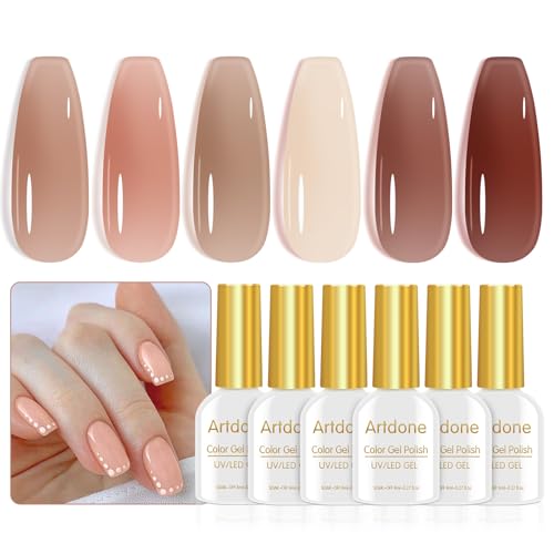 Artdone Sheer Gel Nail Polish Jelly Set - UV Gel 6 Colors Translucent Nude pink Brown Colors Gel For All Seasons Neutral Soak off LED Lamp Gel Manicure Kit For Nail Art
