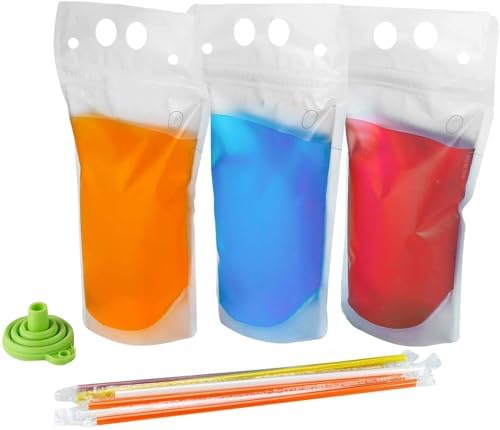 200PCS Drink Pouches with Straw Smoothie Bags Juice Pouches with 200 Drink Straws, Heavy Duty Hand-Held Translucent Reclosable Liquor Pouches Bag by C CRYSTAL LEMON