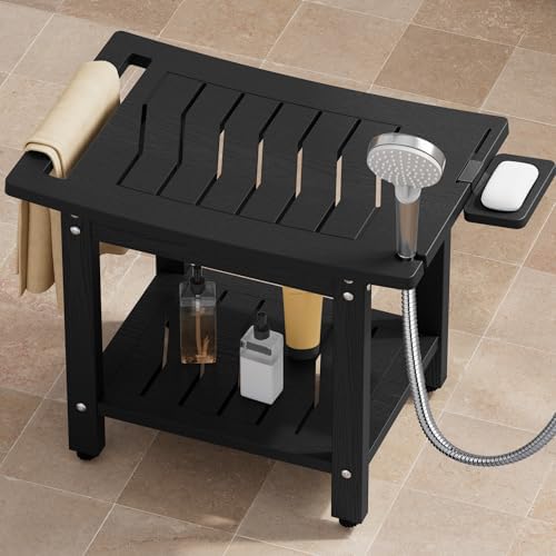 YEFU Shower Chair for Inside Shower: 21" Oversized Non-Slip Waterproof No Maintenance 500LBS Weight Capacity - Shower Bench/Stool with Shelf Handle for Bathroom/Outdoor - Easy Assemble for Adult/Black