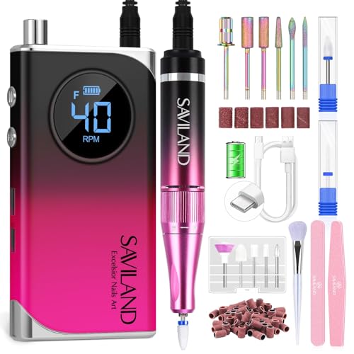 SAVILAND Professional Nail Drill for Acrylics: 2024 High Tech 40000RPM Electric Nail Drill 6000mAh Efile Machine Rechargeable Nail File Portable Nail Grinder Ceramic Drill Bit Salon Manicure Pedicure