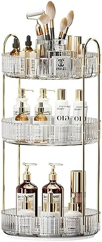 360° Rotating Makeup Organizer, Large-Capacity Skincare Make Up Storage 3 Tier Perfume Organizers Cosmetic Dresser Organizer with Makeup Brush Holder, Fits Bedroom, Bathroom, Vanity Shelf Countertop