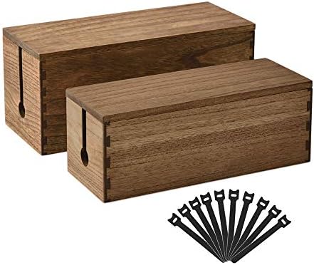 Kirigen Cord Management Box Wooden - Cable Organizer Hide Power Strips,Electrical Plugs - Desk Wires Station Protector for TVs,Computers,Power Cords & Bricks,Phone Ghargers(Set of 2,Dark Brown)