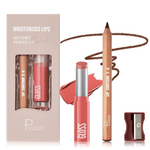 2Pcs Lip Liner and Lipstick Combo, Highly Pigmented Lip Liner and Lipstick Set for women, Long Lasting Matte Lip Liner and Hydrating Lip Balm Lip Gloss Makeup Kits with Sharpener