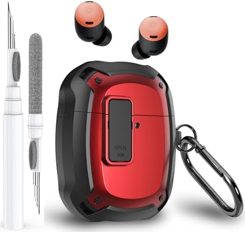 for Google Pixel Buds Pro 2 / Pro Case Cover with Lock Clip & Cleaner Pen 2024/2022, Shockproof Protective Hard Shell Skin with Carabiner Men Women - Black/Red