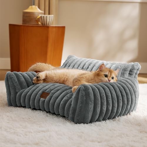 Bedsure Cute Cat Couch for Pets - Fluffy Cat Sofa with Premium Soft Corduroy Fleece, Fuzzy Cat Couch Bed with Removable Washable Cover, Supportive Cat Chair for Indoor Cats, 24inch, Warm Grey