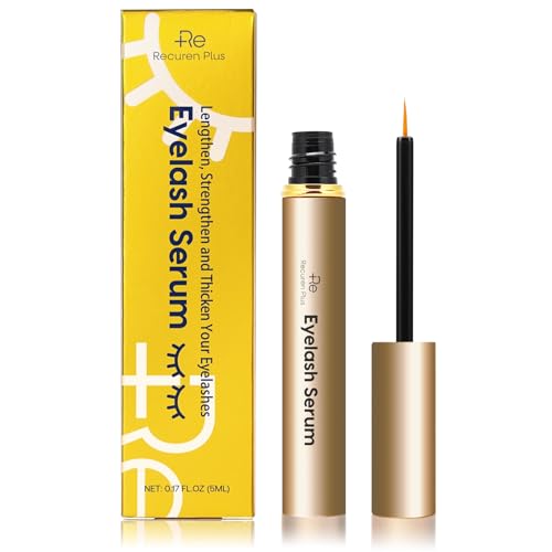 Recuren Plus Premium Eyelash Growth Serum: Advanced Vegan Formula for Longer Thicker Lashes – Natural Safe Ingredients in 5ML (Champagne Gold)