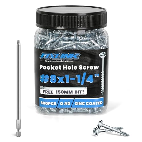 Pocket Hole Screws 1-1/4 Inch, FIXLINK Pocket Screws #8 X 1-1/4", 600 PCS, Zinc Coated Pocket Hole Screws for Outdoor, Square Drive, 150MM Drive Bit Included