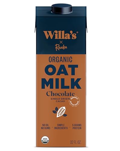 Willa's Organic Oat Milk - Chocolate Unsweetened Cacao Oatmilk, Non-GMO, Shelf Stable, Low Sugar, Non-Dairy Milk, Made from Whole Grain Oats, No Oil, No Gums, 32oz, Pack of 1