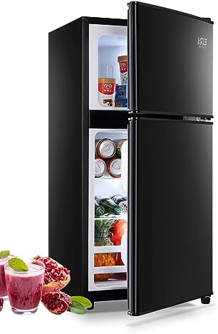 Refrigerator with Freezer, 3.5 Cu.Ft Mini Fridge,Lock Fresh,7 Level Adjustable Thermostat ct for Dorm, Bar, Office,Kitchen, Bedroom,Black, (KB02 FLS-80-BLACK-4)