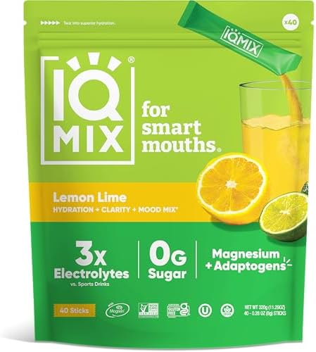 IQMIX Sugar Free Electrolytes Powder Packets - Hydration Supplement Drink Mix with Keto Electrolytes, Lions Mane, Magnesium L-Threonate, and Potassium Citrate - Lemon Lime (40 Count)