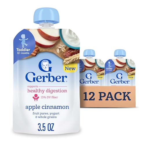 Gerber Toddler Food, Apple Cinnamon, Fruit Puree, Yogurt & Whole Grains, Toddler Food Pouches, Fiber Helps Support Healthy Digestion, No Artificial Flavors, 12-Pack