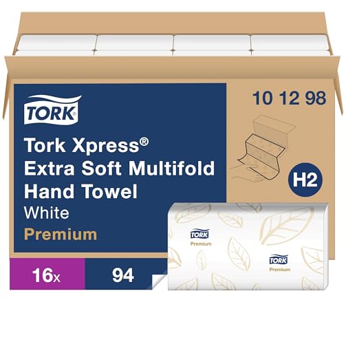 Tork Extra Soft Multifold Hand Towel White with Blue Leaf Print, Premium Quality, 4-Panel, 94 Towels per Pack, 16 Packs, Fits H2 Dispensers
