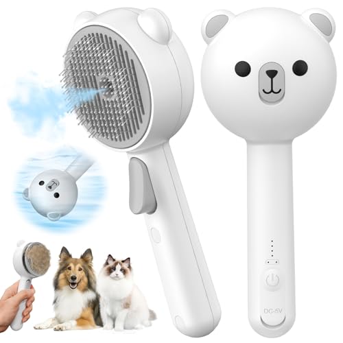 Cat Steam Brush, Self Cleaning Pet Spray Hair Removal Comb with Release Button, 3 In 1 Cat Brush for Indoor Cats, Waterproof Pet Grooming Brushes for Long Short Haired Dogs Cats