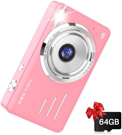 Digital Camera, 4K Kids Camera with 64GB Card, Compact Small Point and Shoot Vintage Retro Camera for Photography, 16x Zoom, Autofocus, Flash, Gift for Children Teen Beginner Girl, Pink