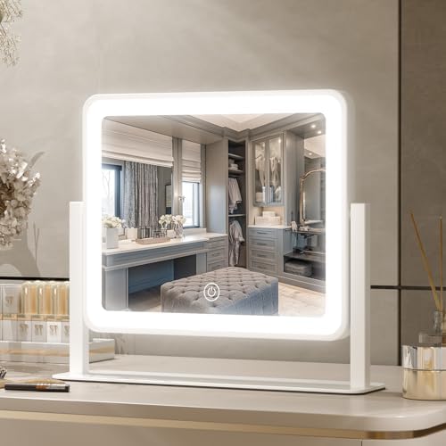 PRIMETEK LED Vanity Mirror with Gift Box, 14"x12" LED Lighted Makeup Mirror, Makeup Mirror with Lights, Touch Screen, 3-Color Lighting, 5X Magnification, for Desk Tabletop, Bedroom