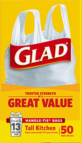 Glad Trash Bags, Tall Kitchen Handle-Tie Garbage Bags - 13 Gallon White Trash Bag - 50 Count (Package May Vary)