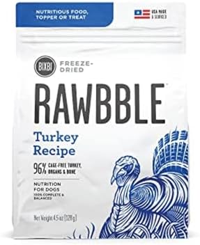 BIXBI Rawbble Freeze Dried Dog Food, Turkey Recipe, 4.5 oz - 96% Meat and Organs, No Fillers - Pantry-Friendly Raw Dog Food for Meal, Treat or Food Topper - USA Made in Small Batches